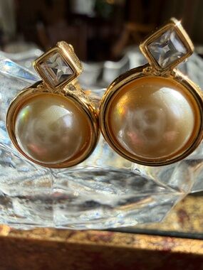 Vintage Nolan Miller Earrings Gold-Tone Pearl & Crystal ClipOn Earrings